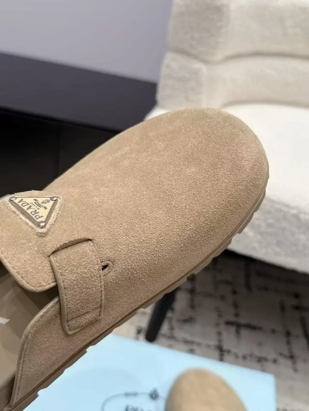 Prada Beige Suede Triangle Logo Buckle Slip-On Mule Clogs